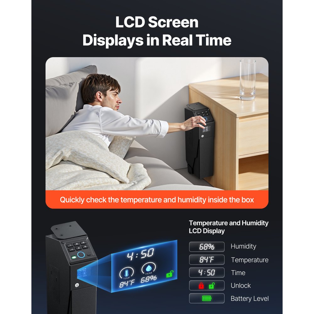 VEVOR Cassaforte per Pistola con Impronta Digitale Password Tastierino a 6 Cifre Chiave, Cassaforte per Pistole con LED Capienza 1 Pistola e Caricatore 190 x 98 x 425 mm, Custodia per Comodino