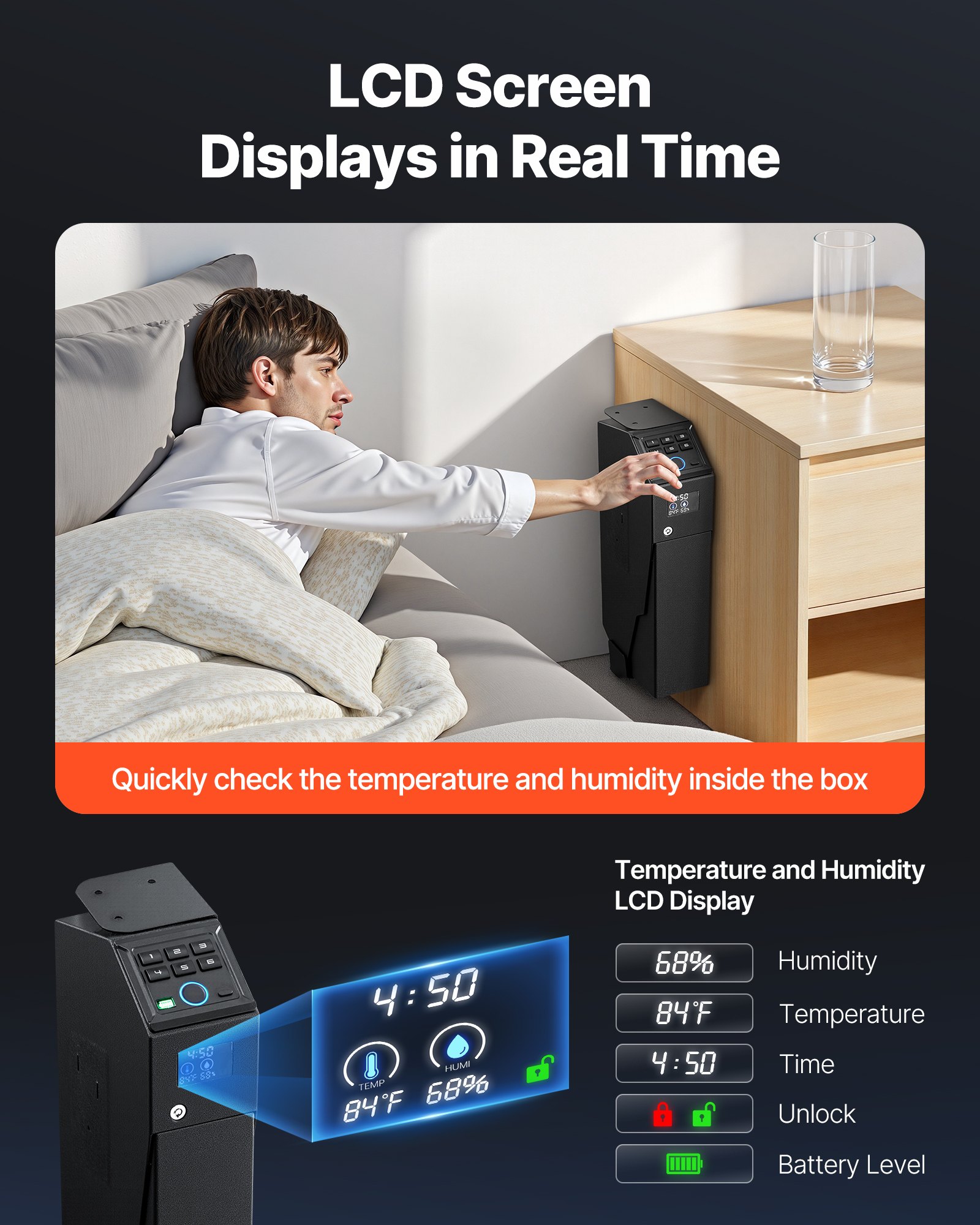 VEVOR Cassaforte per Pistola con Impronta Digitale Password Tastierino a 6 Cifre Chiave, Cassaforte per Pistole con LED Capienza 1 Pistola e Caricatore 190 x 98 x 425 mm, Custodia per Comodino