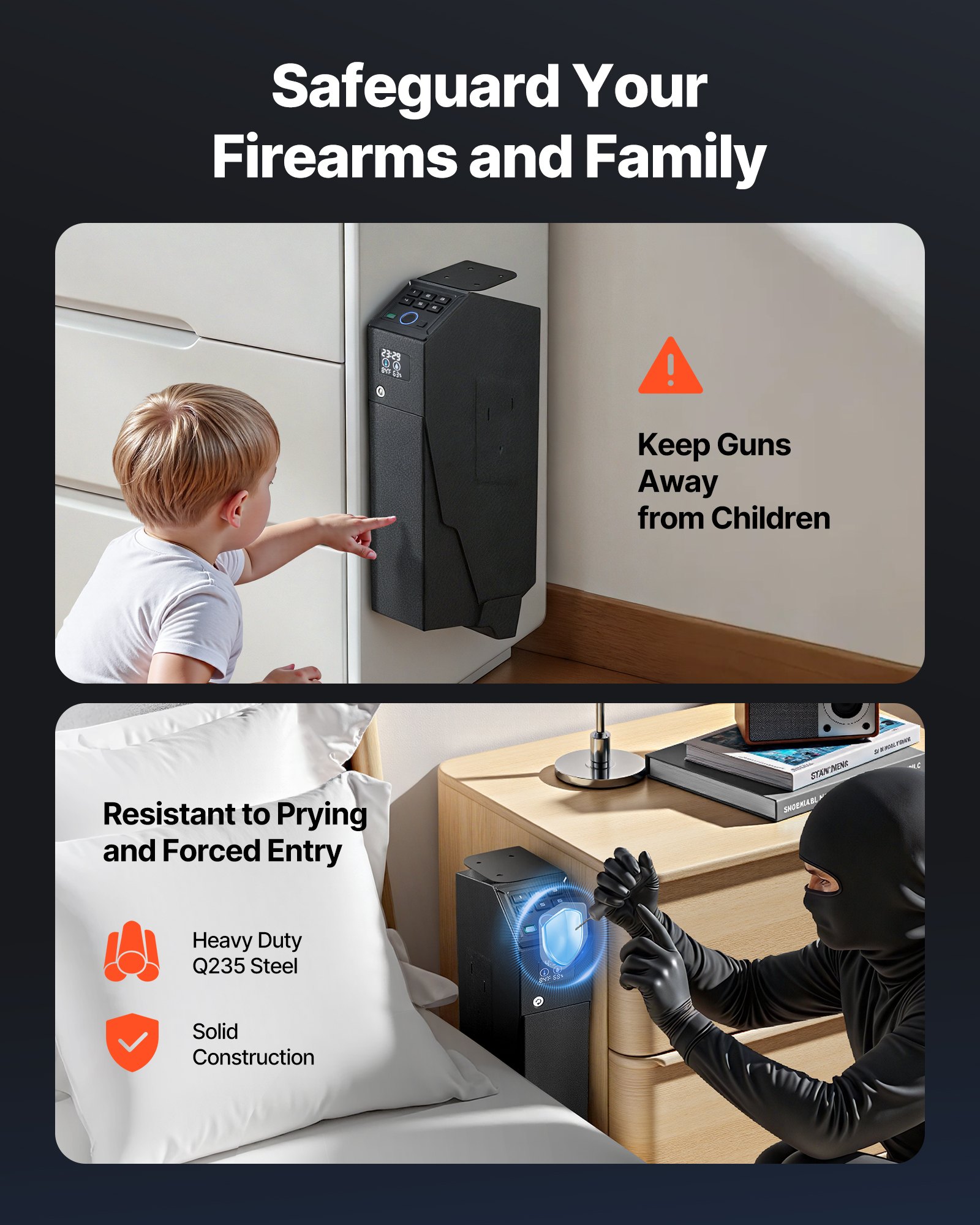 VEVOR Cassaforte per Pistola con Impronta Digitale Password Tastierino a 6 Cifre Chiave, Cassaforte per Pistole con LED Capienza 1 Pistola e Caricatore 190 x 98 x 425 mm, Custodia per Comodino