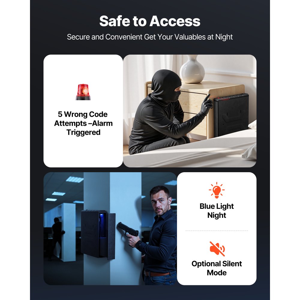 VEVOR Cassaforte per Pistola con Impronta Digitale Password Cinque Cifre Chiave, Cassaforte per Pistole con Illuminazione per 1 Pistola e caricatore 23 x 7 x 32 cm, Custodia per Pistola per Comodino