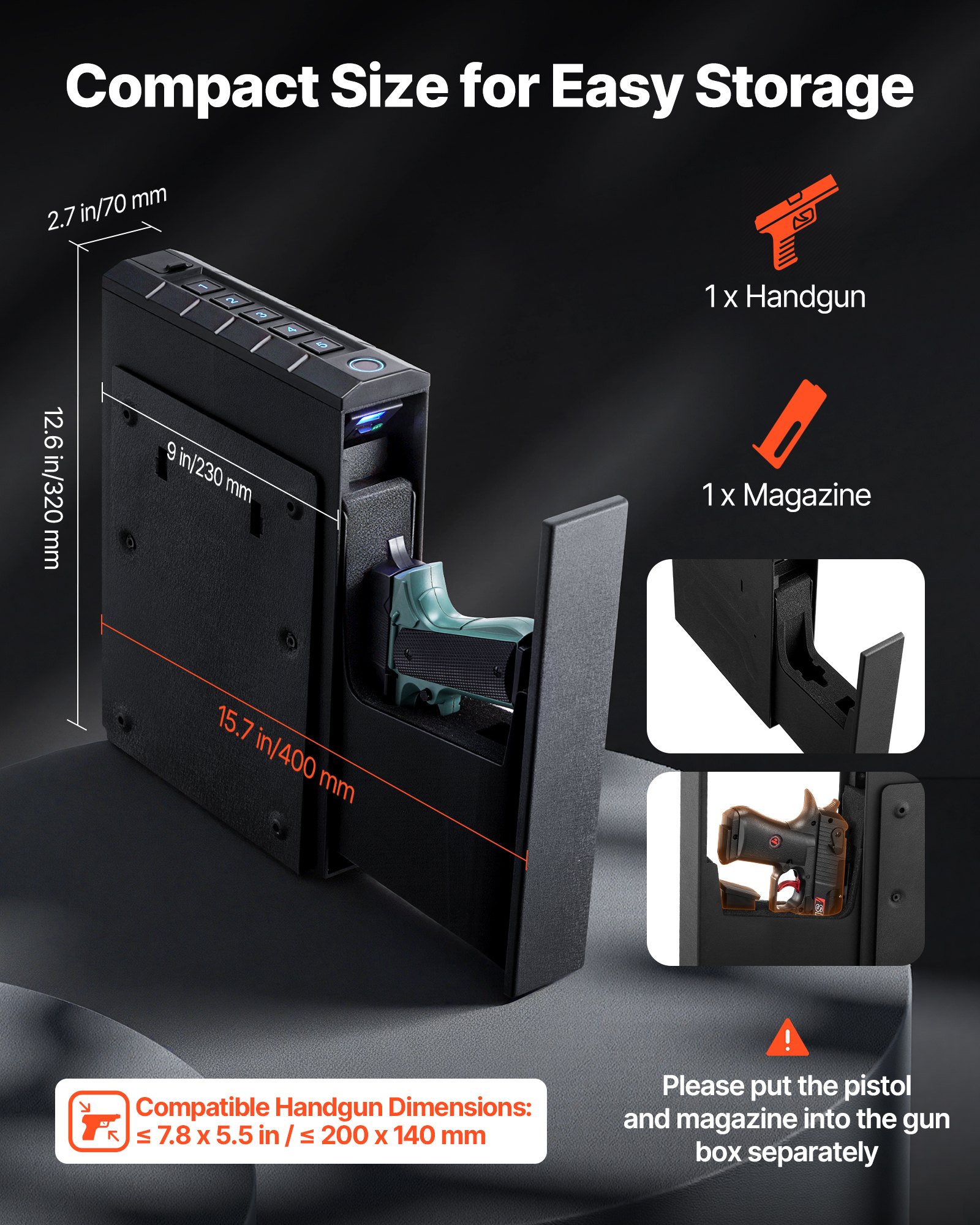 VEVOR Cassaforte per Pistola con Impronta Digitale Password Cinque Cifre Chiave, Cassaforte per Pistole con Illuminazione per 1 Pistola e caricatore 23 x 7 x 32 cm, Custodia per Pistola per Comodino