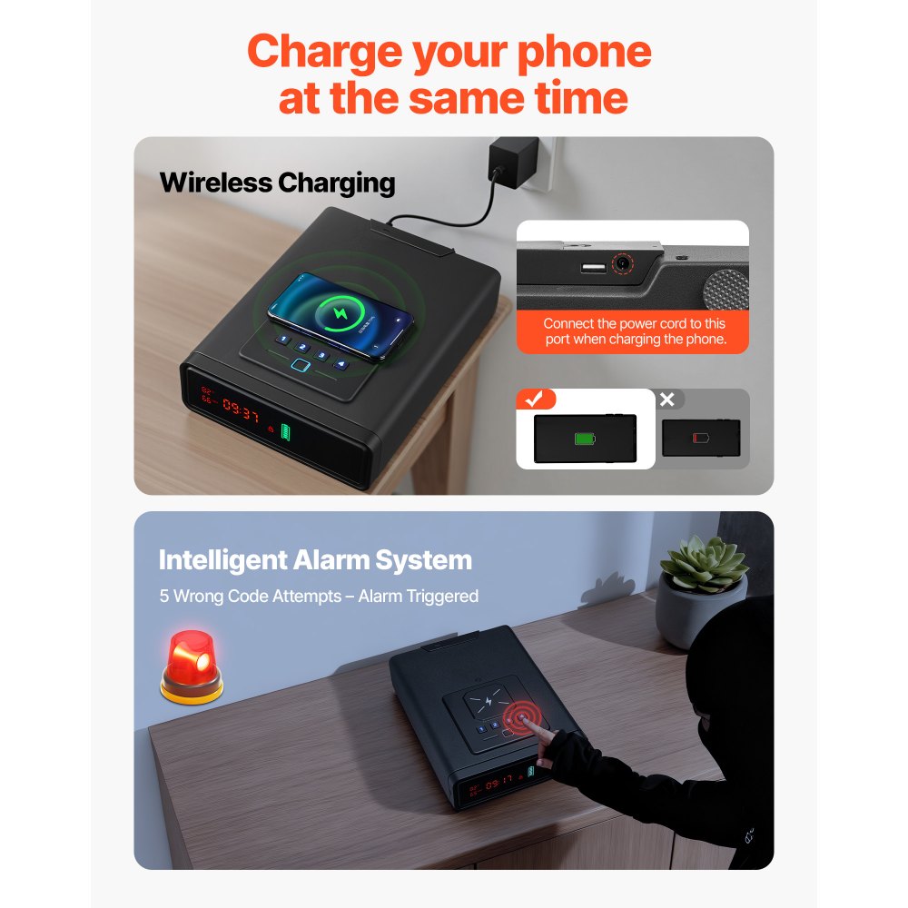 VEVOR Cassaforte per Armi con Impronta Digitale Password Chiave Cassetto ad Accesso Rapido a 3 Metodi, Cassaforte per Pistole con Schermo per 2 Pistole e Caricatori, Ricarica Wireless, Nero