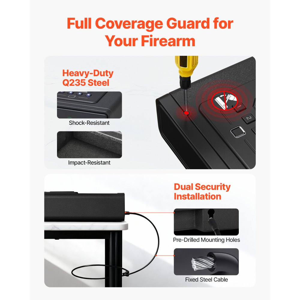 VEVOR Cassaforte per Armi con Impronta Digitale Password Chiave Cassetto ad Accesso Rapido a 3 Metodi, Cassaforte per Pistole con Schermo per 2 Pistole e Caricatori, Ricarica Wireless, Nero