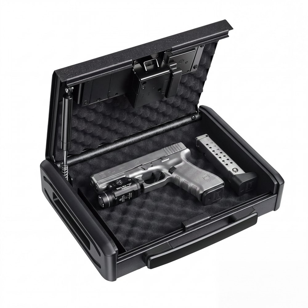 VEVOR Gun Safe for Handgun Portable Biometric Fingerprint Pistol Gun Safe, for Nightstand, Travel, Car, 3-Way Quick Access, Thick Steel Construction, with Carry Handle, Optional Silent Mode, Black