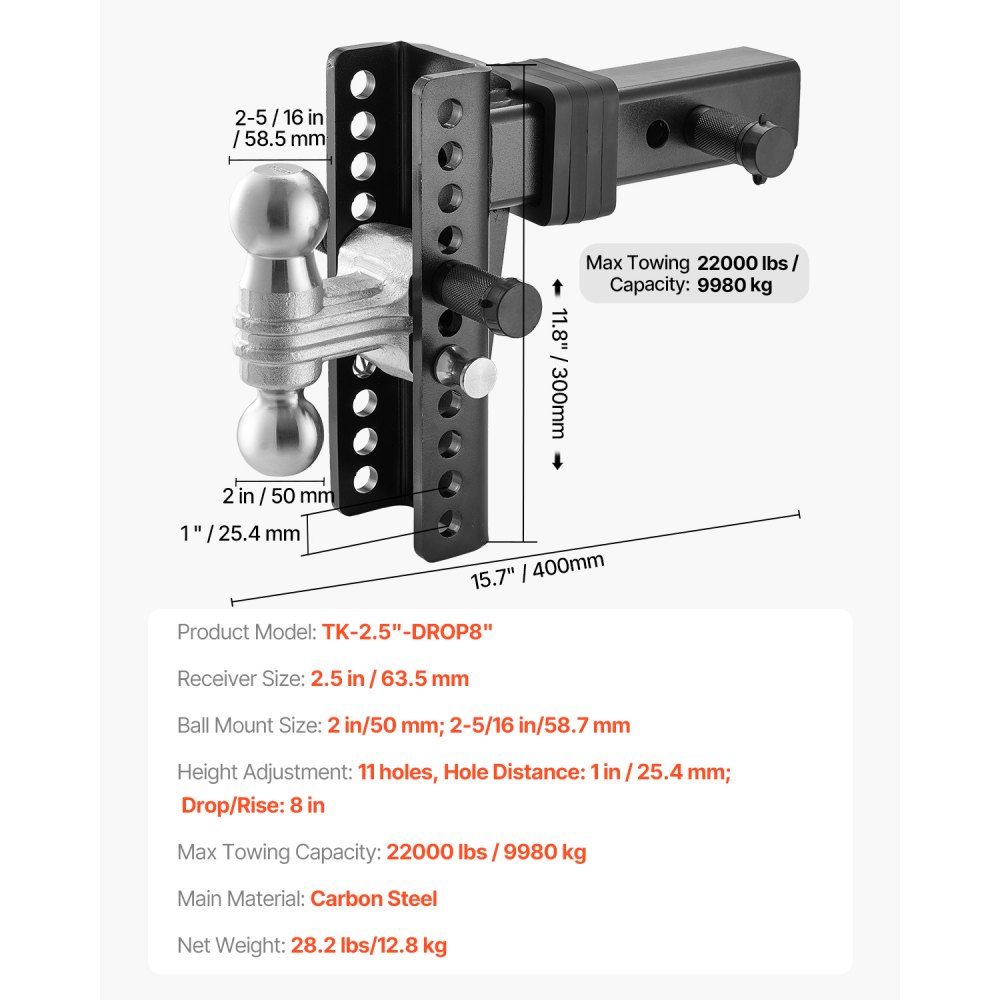 VEVOR Gancio di Traino Regolabile, Supporto a Sfera per Gancio di Traino 203 mm Gancio di Traino per Carichi Pesanti, Sfere 50 mm 58,7 mm per Ricevitore 63,5 mm 9980 kg GTW, Supporto a Sfera Solido