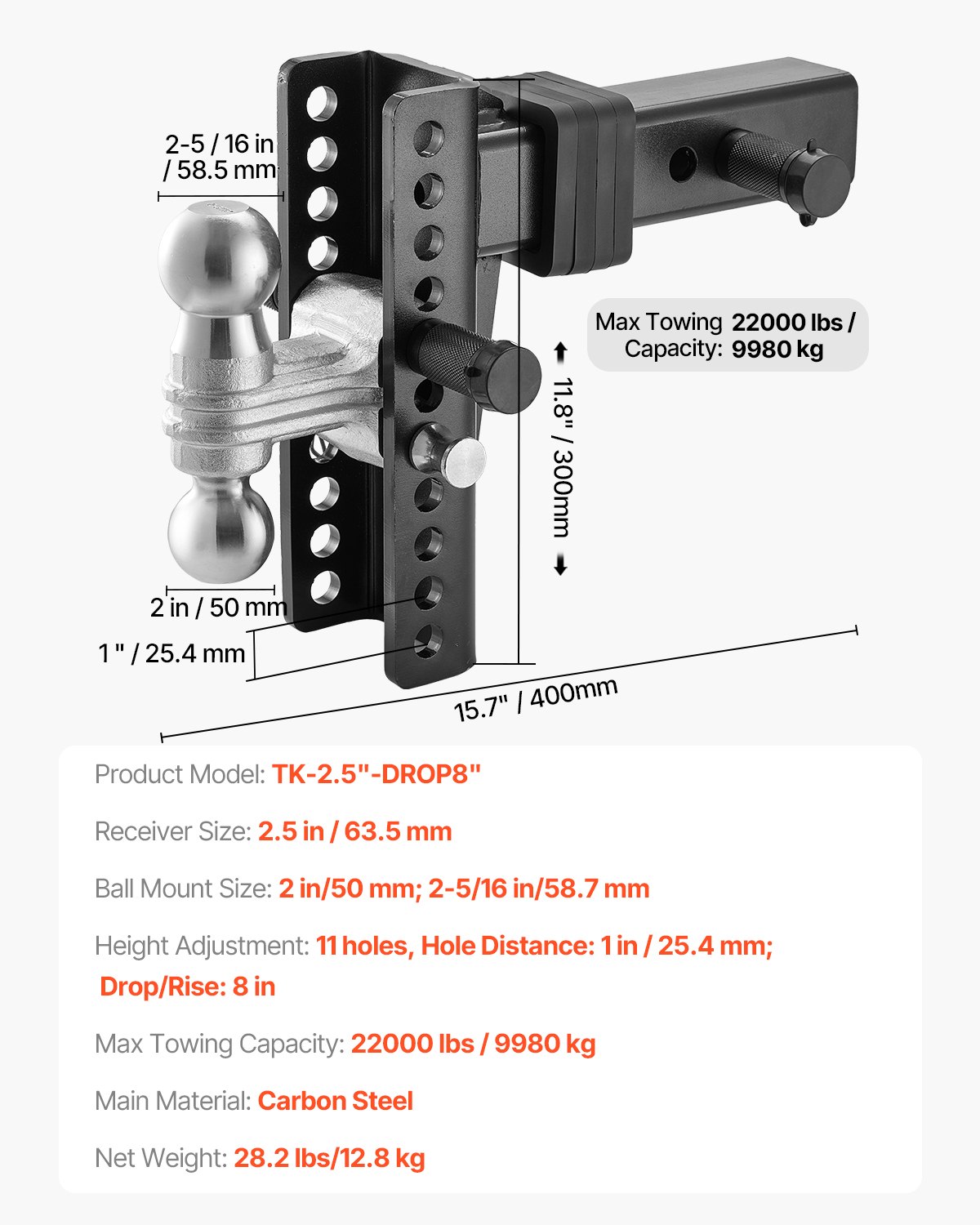 VEVOR Gancio di Traino Regolabile, Supporto a Sfera per Gancio di Traino 203 mm Gancio di Traino per Carichi Pesanti, Sfere 50 mm 58,7 mm per Ricevitore 63,5 mm 9980 kg GTW, Supporto a Sfera Solido