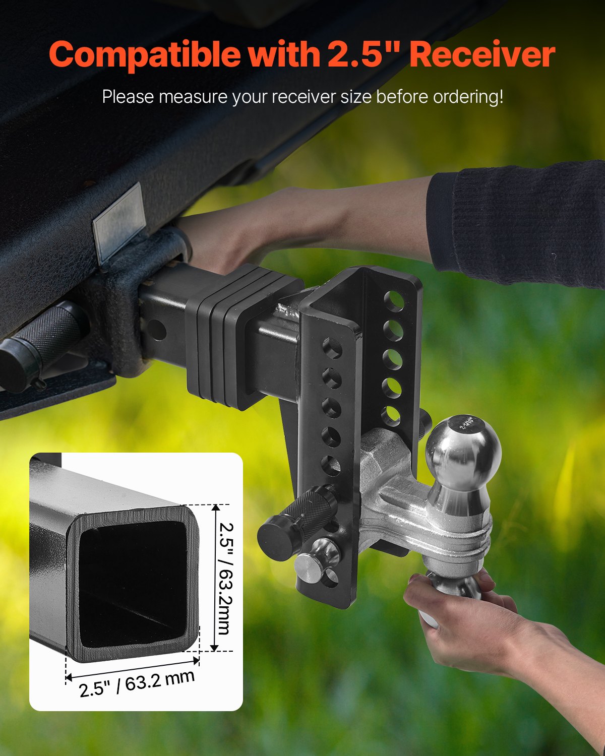 VEVOR adjustable trailer hitch, ball mount, fits 63.5mm receivers, heavy-duty trailer hitch with 50mm & 58.7mm balls, 22,000 lbs GTW, receiver hitch with anti-theft pin