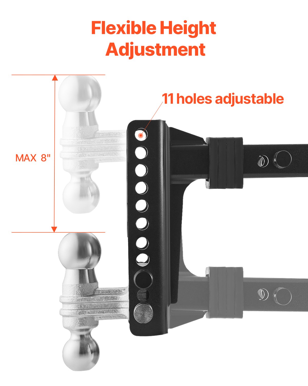 VEVOR adjustable towbar, 203 mm ball mount, ball head and drawbar, towbar with 50 mm and 58.7 mm balls, 9750 kg GTW, double ball coupling with anti-theft pin