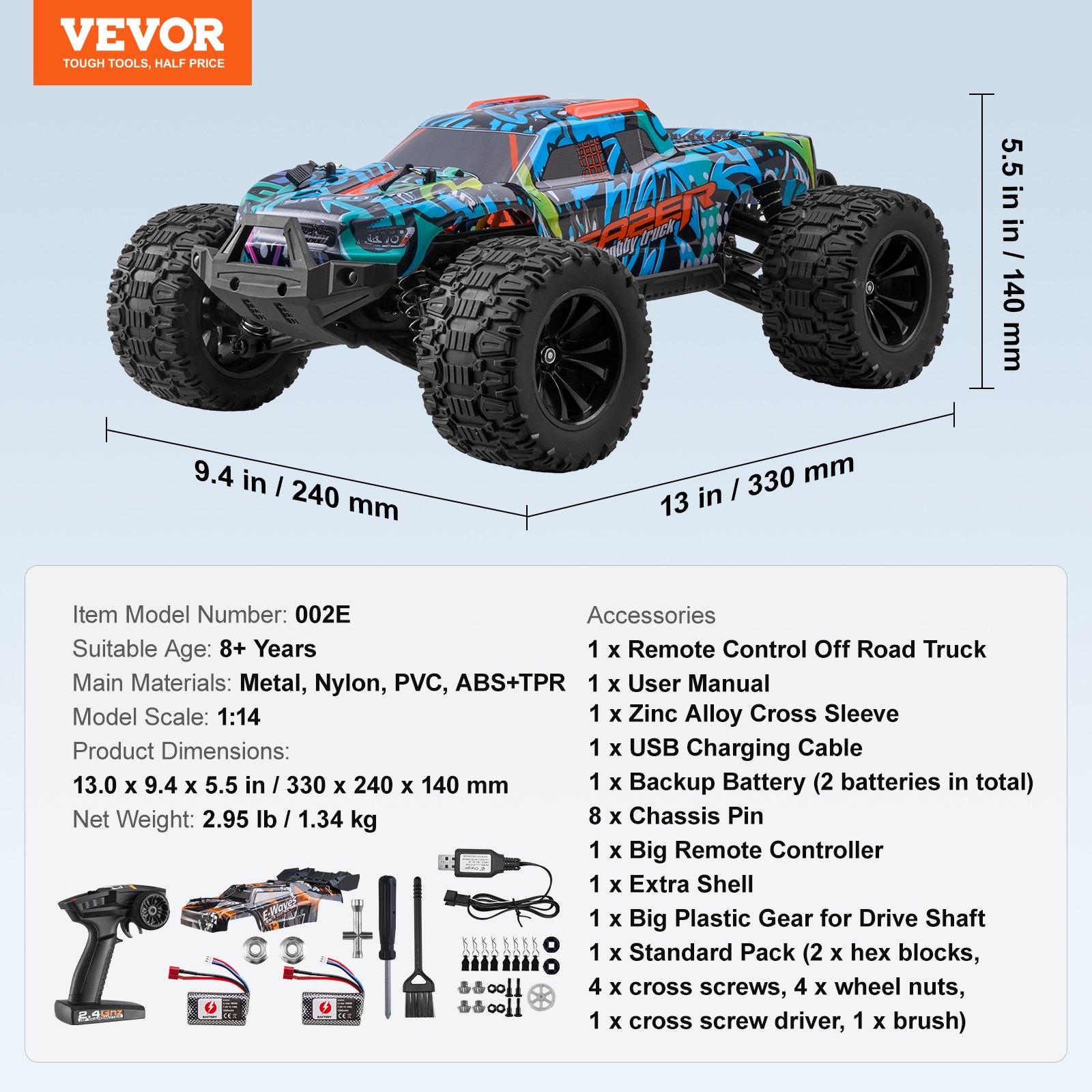 VEVOR Auto Telecomandata, Auto RC in Scala 1:14, Monster Truck Fuoristrada 4WD per Tutti i Terreni con Impennata di 45°, Camion RC ad Alta Velocità 42 km/h, Veicolo Telecomando Materiali in Metallo