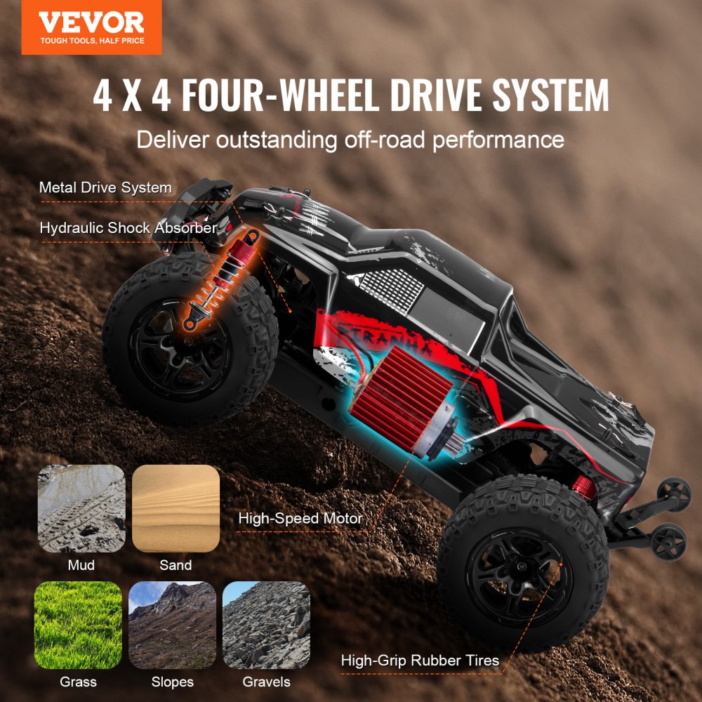VEVOR Remote Controlled Car, 1:10 Scale, RC Car, All Terrain 4WD Off-Road Monster Truck with 45° Wheelie & 2 Batteries, 38 km/h High-Speed Toy Car – Ideal for Children 8 Years and Up, IPX4
