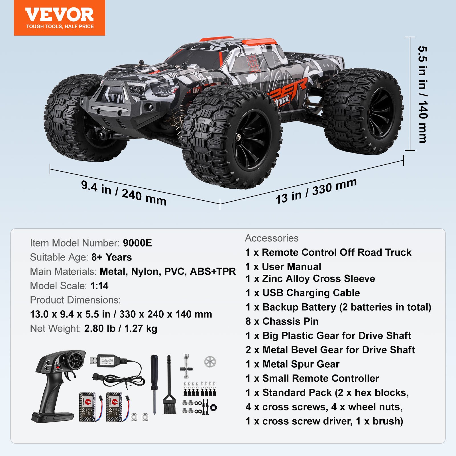 VEVOR Auto Telecomandata, Auto RC in Scala 1:14, Monster Truck Fuoristrada 4WD per Tutti i Terreni con Impennata di 45° e 2 Batterie, Camion RC ad Alta Velocità da 38 km/h, Materiali in Metallo