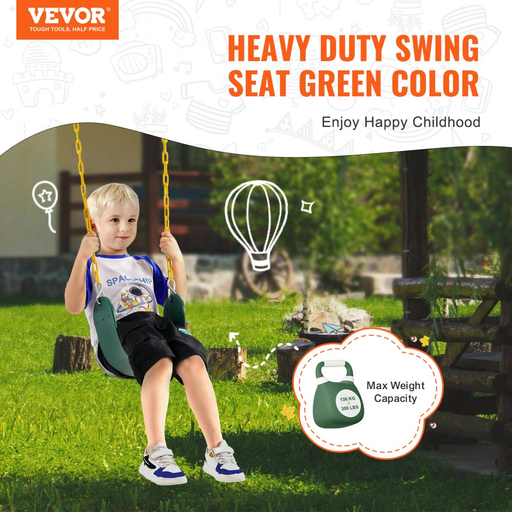 VEVOR 2-Pack Swing Seats with 168 cm Coated Chains and Carabiners, Supports 136 kg Swings, Replacement for Outdoor Swing Set, Swing Set Accessories for Children, Green