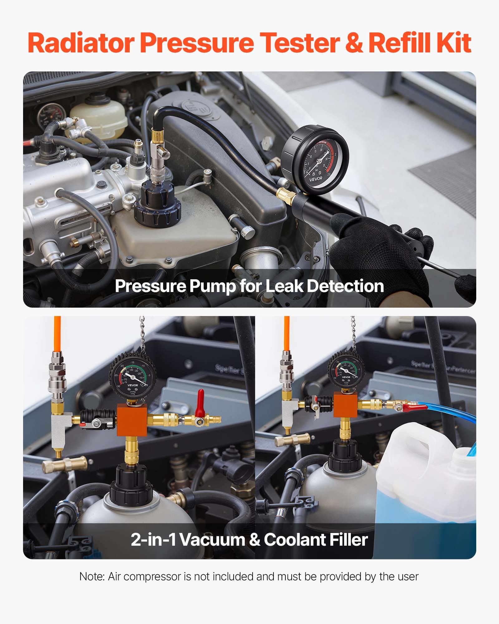 VEVOR Kit di Manometri per Liquido di Raffreddamento da 28 pezzi con 4 Adattatori, Set di Tester Universale di Pressione per Sistema di Raffreddamento per Autoveicoli, con Pompa di Pressione