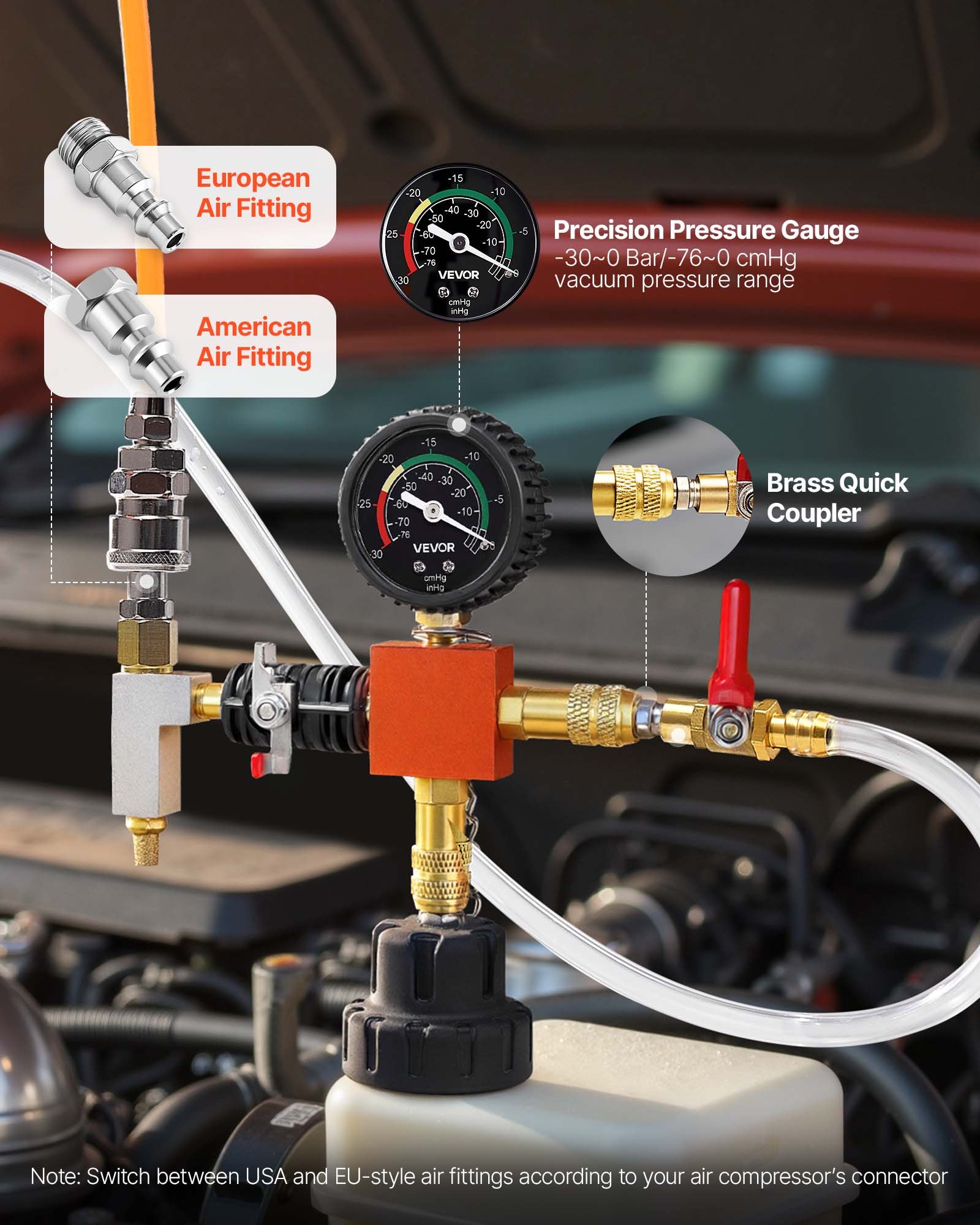 VEVOR Kit di Manometri per Liquido di Raffreddamento da 28 pezzi con 4 Adattatori, Set di Tester Universale di Pressione per Sistema di Raffreddamento per Autoveicoli, con Pompa di Pressione