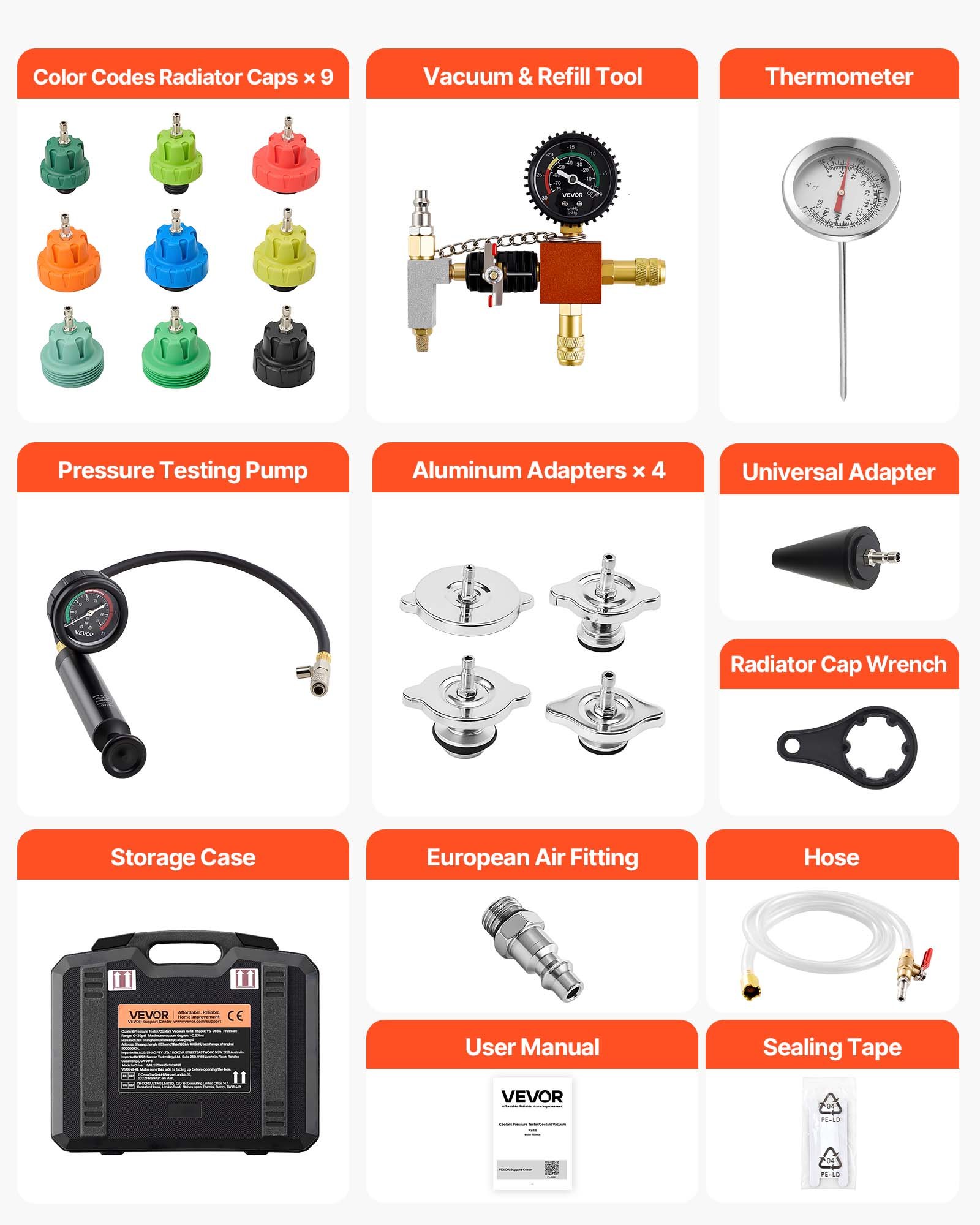 VEVOR Kit di Manometri per Liquido di Raffreddamento da 28 pezzi con 4 Adattatori, Set di Tester Universale di Pressione per Sistema di Raffreddamento per Autoveicoli, con Pompa di Pressione