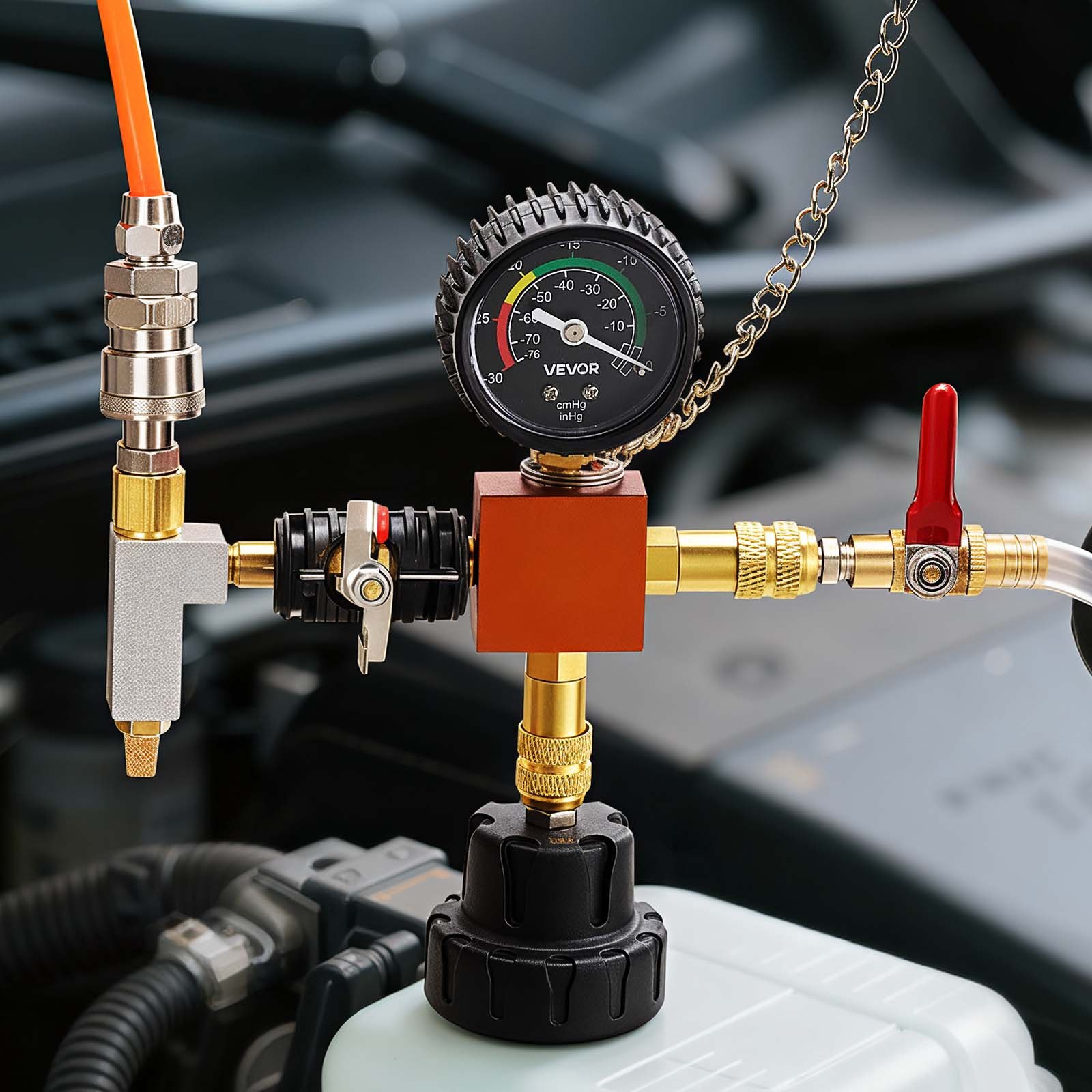 VEVOR Kit di Manometri per Liquido di Raffreddamento da 28 pezzi con 4 Adattatori, Set di Tester Universale di Pressione per Sistema di Raffreddamento per Autoveicoli, con Pompa di Pressione