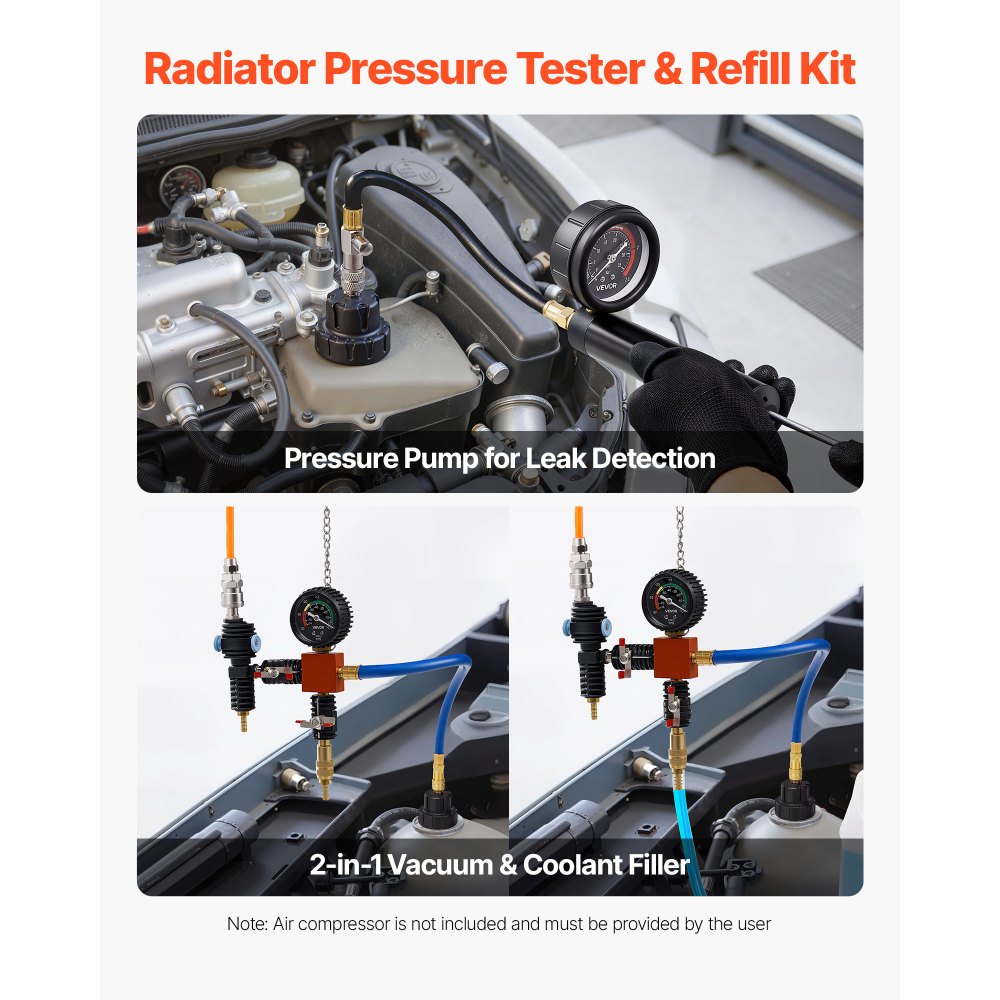 VEVOR Kit di Tester Manometri per Refrigerante da 47 pezzi con 3 Adattatori in Metallo, Kit Universale per Prova di Pressione del Radiatore per Autoveicoli, con Pompa di Pressione Riempitivo