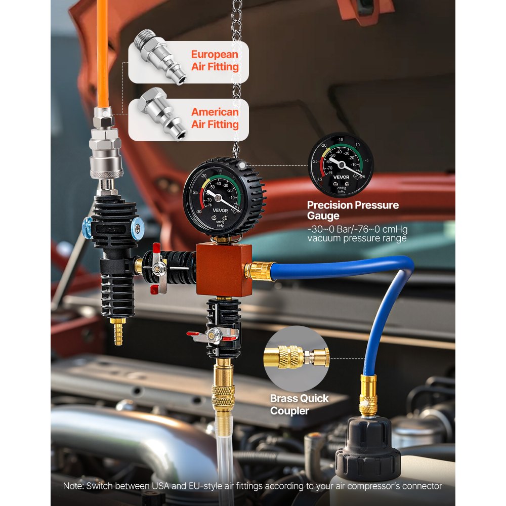 VEVOR Kit di Tester Manometri per Refrigerante da 47 pezzi con 3 Adattatori in Metallo, Kit Universale per Prova di Pressione del Radiatore per Autoveicoli, con Pompa di Pressione Riempitivo