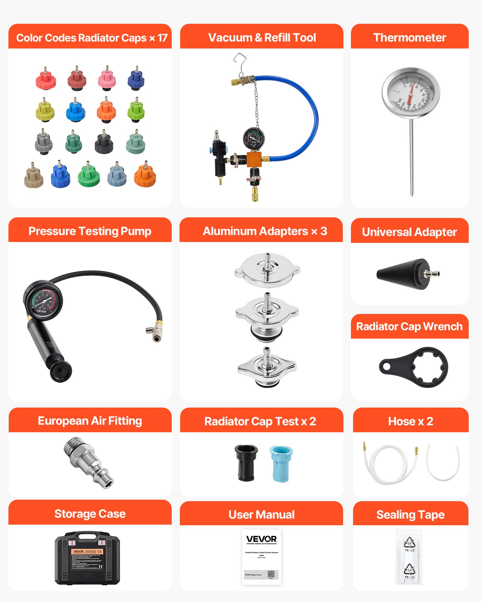 VEVOR Kit di Tester Manometri per Refrigerante da 47 pezzi con 3 Adattatori in Metallo, Kit Universale per Prova di Pressione del Radiatore per Autoveicoli, con Pompa di Pressione Riempitivo