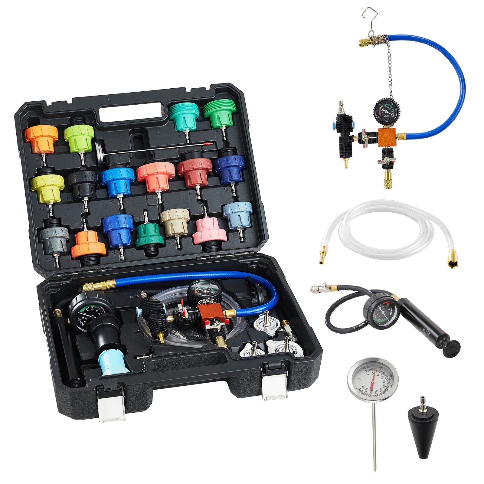 VEVOR Kit di Tester Manometri per Refrigerante da 47 pezzi con 3 Adattatori in Metallo, Kit Universale per Prova di Pressione del Radiatore per Autoveicoli, con Pompa di Pressione Riempitivo