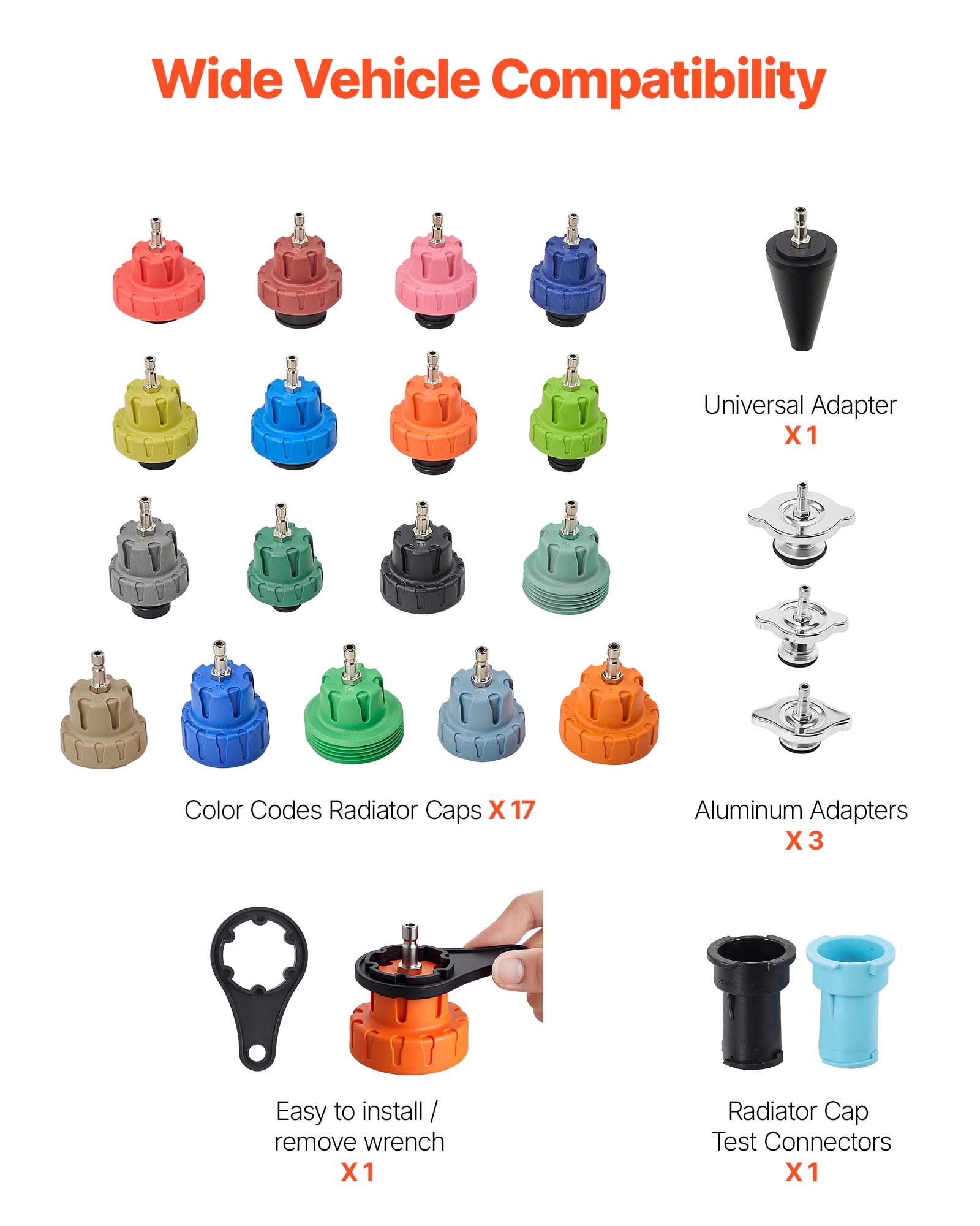 VEVOR Kit di Tester Manometri per Sistema di Raffreddamento da 47 pezzi, Kit per Prova di Pressione del Radiatore con 3 Adattatori in Metallo, Misura Universale, Strumento di Prova per Autoveicoli