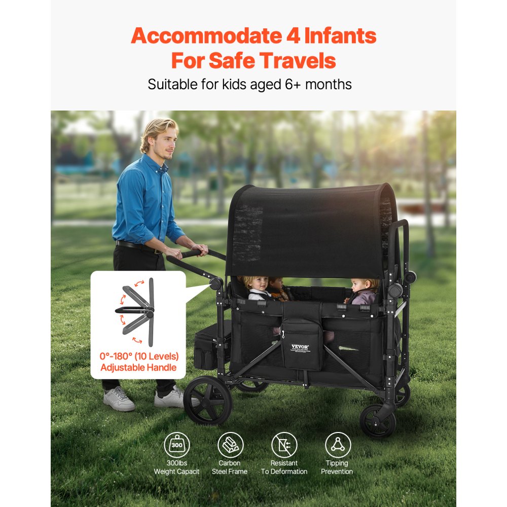 VEVOR 4-seater stroller, foldable push-pull buggy with adjustable handle, 5-point safety harness & removable canopy, camping wagon, black (150 kg load capacity)