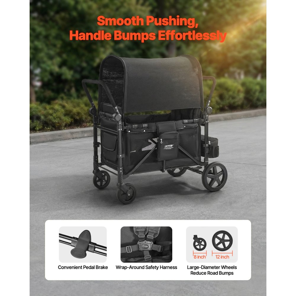 VEVOR Passeggino a Quattro Posti per 4 Bambini, Pieghevole con Maniglia Regolabile, Imbracatura di Sicurezza Tettuccio Rimovibile, Passeggino Bambini Comodo Resistente, Nero, Carico 150 kg