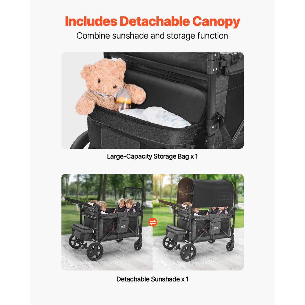 VEVOR Passeggino a Quattro Posti per 4 Bambini, Pieghevole con Maniglia Regolabile, Imbracatura di Sicurezza Tettuccio Rimovibile, Passeggino Comodo, Grigio Scuro e Nero, Carico 150 kg