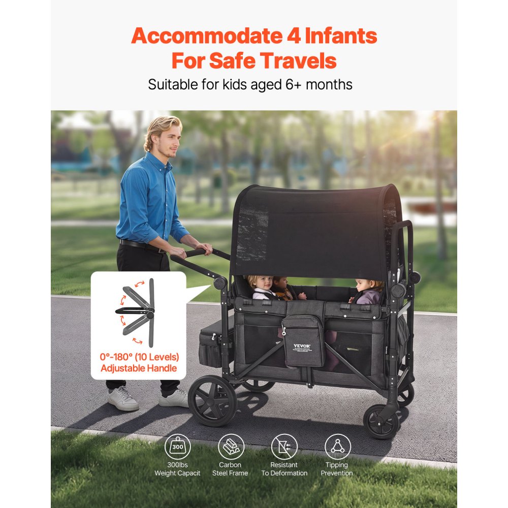 VEVOR Passeggino a Quattro Posti per 4 Bambini, Pieghevole con Maniglia Regolabile, Imbracatura di Sicurezza Tettuccio Rimovibile, Passeggino Comodo, Grigio Scuro e Nero, Carico 150 kg