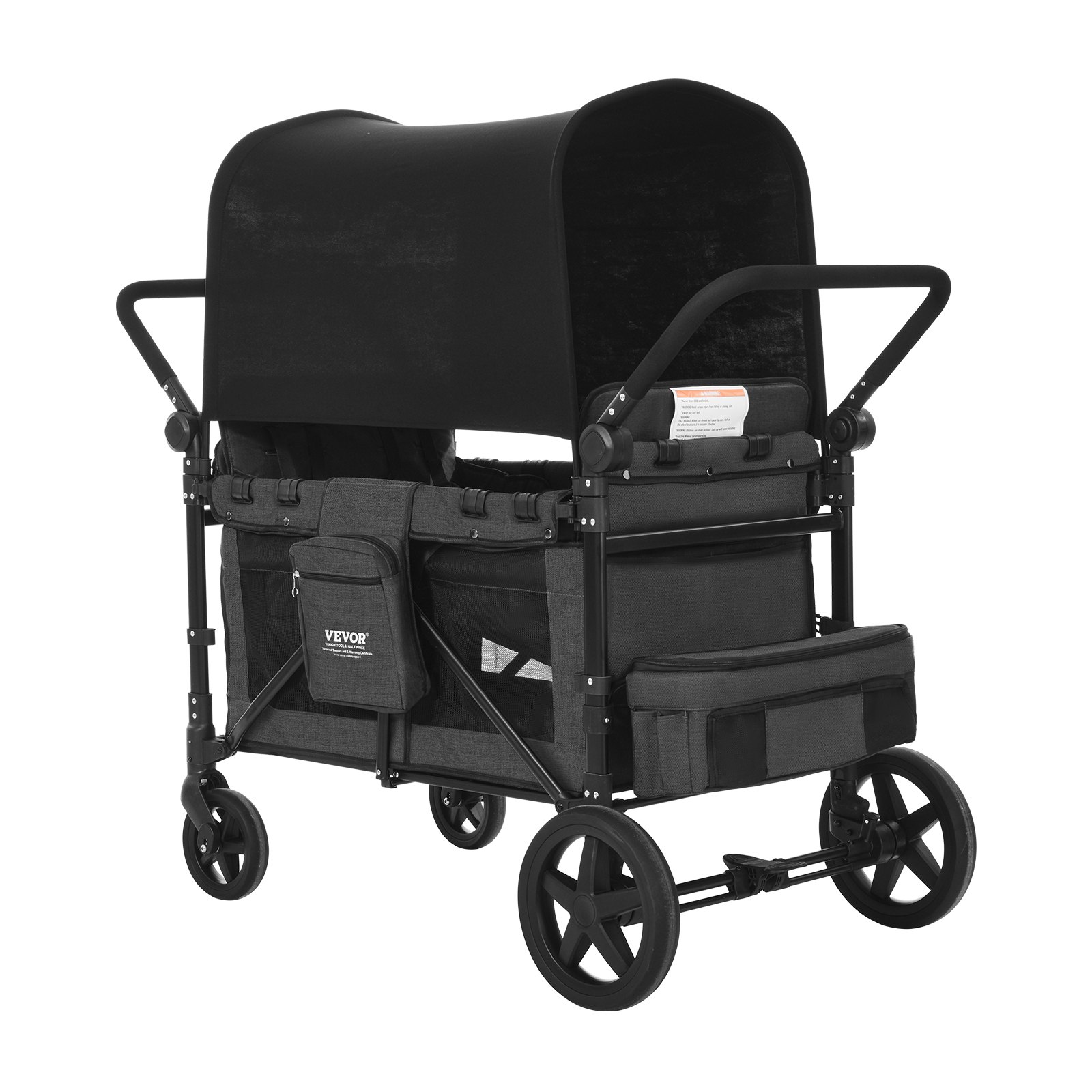 VEVOR Stroller for 4 Children, Push-Pull Travel Buggy with Adjustable Handle, Safety Belt and Removable Canopy, 4-Seater Wagon for Camping, Dark Gray and Black (150 kg Load Capacity)