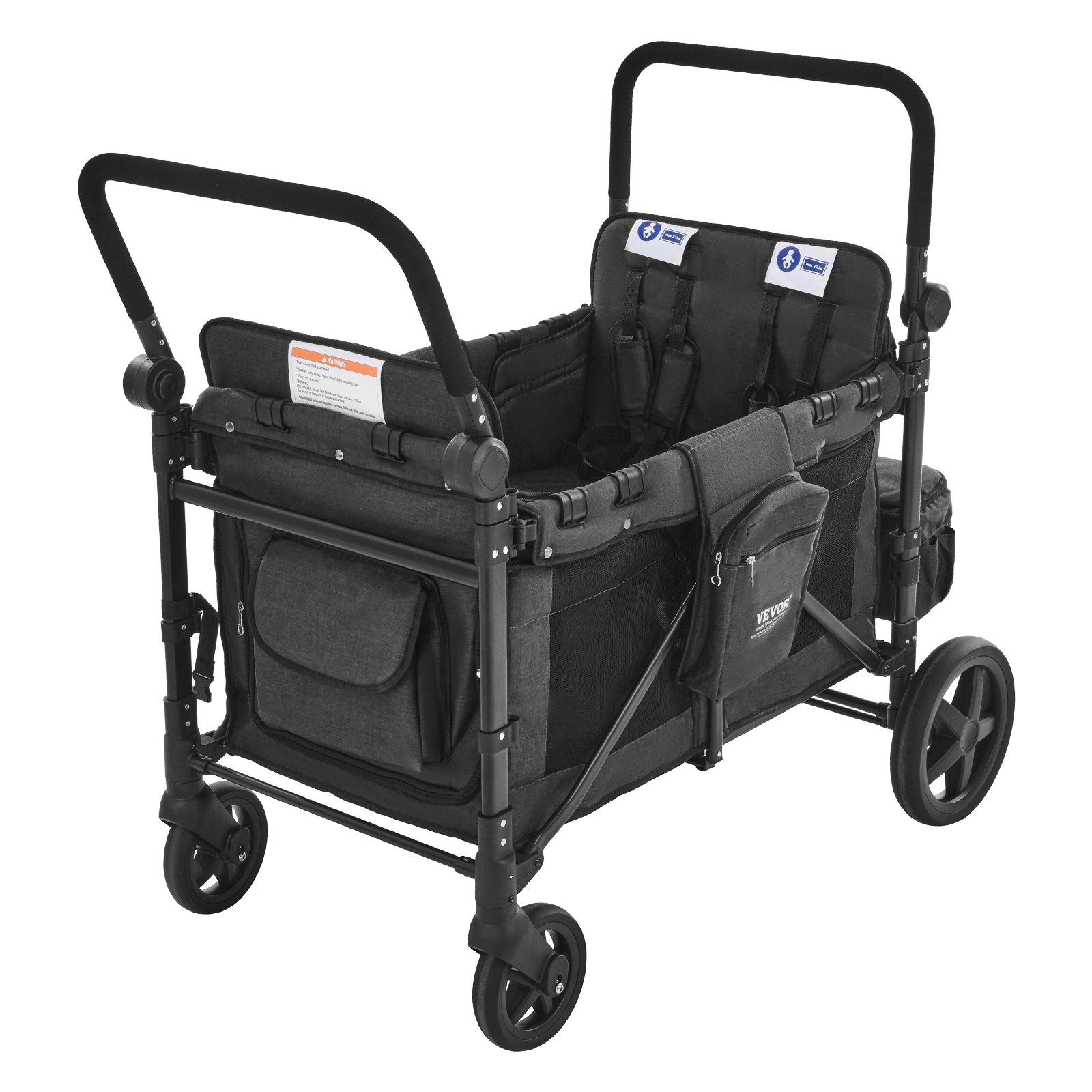 VEVOR Passeggino a Quattro Posti per 4 Bambini, Pieghevole con Maniglia Regolabile, Imbracatura di Sicurezza Tettuccio Rimovibile, Passeggino Comodo, Grigio Scuro e Nero, Carico 150 kg
