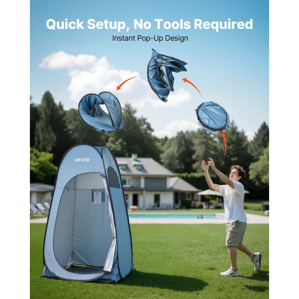 VEVOR Pop up Shower Tent, Instant Portable Privacy Tent Changing Room with Ground Stakes, Ropes, and Carry Bag, 190T Polyester with Silver Coating, Quick Setup, for Camping, Beach, Fishing, Blue