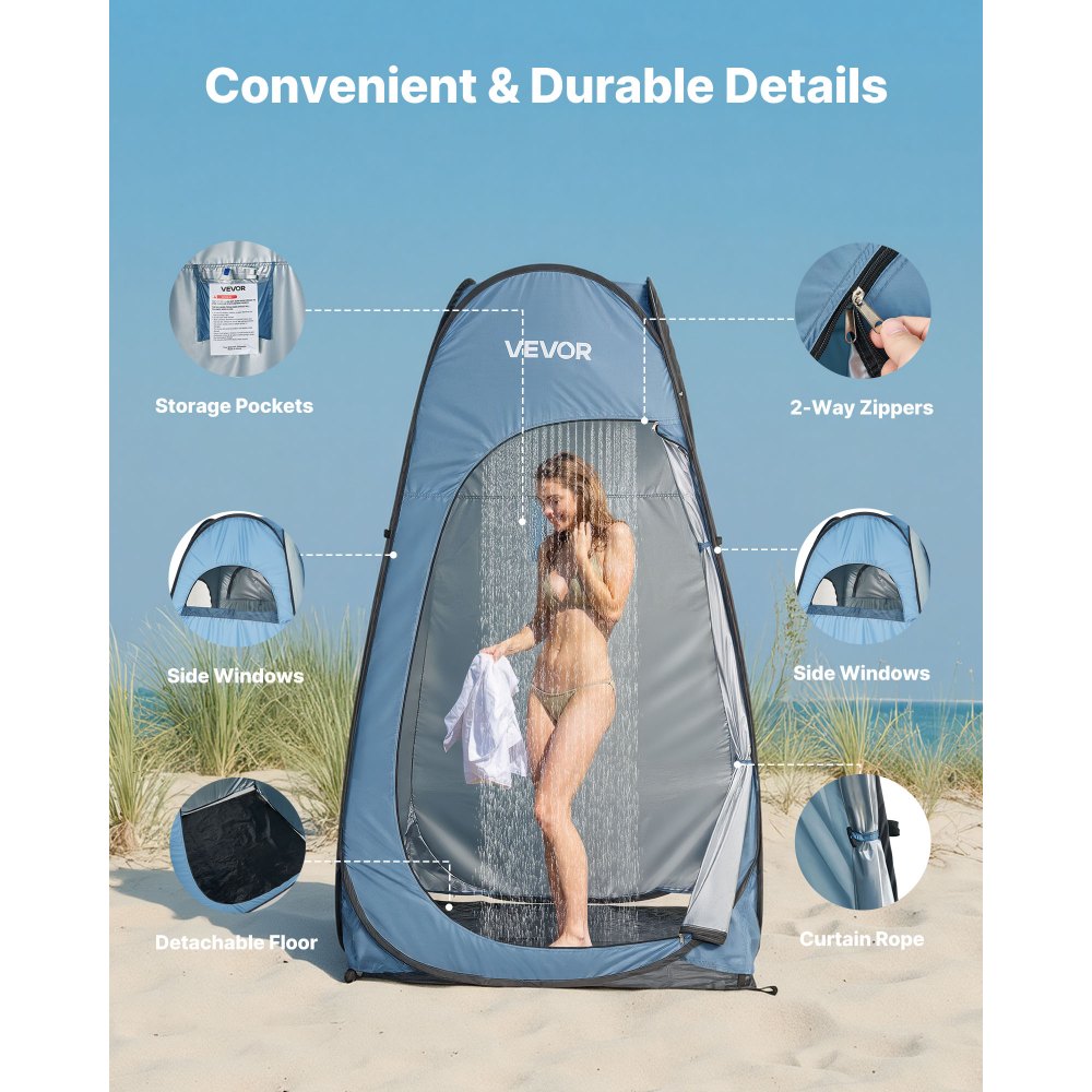 VEVOR Pop up Shower Tent, Instant Portable Privacy Tent Changing Room with Ground Stakes, Ropes, and Carry Bag, 190T Polyester with Silver Coating, Quick Setup, for Camping, Beach, Fishing, Blue