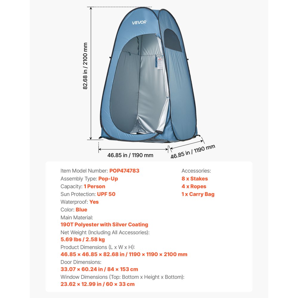 VEVOR Pop up Shower Tent, Instant Portable Privacy Tent Changing Room with Ground Stakes, Ropes, and Carry Bag, 190T Polyester with Silver Coating, Quick Setup, for Camping, Beach, Fishing, Blue