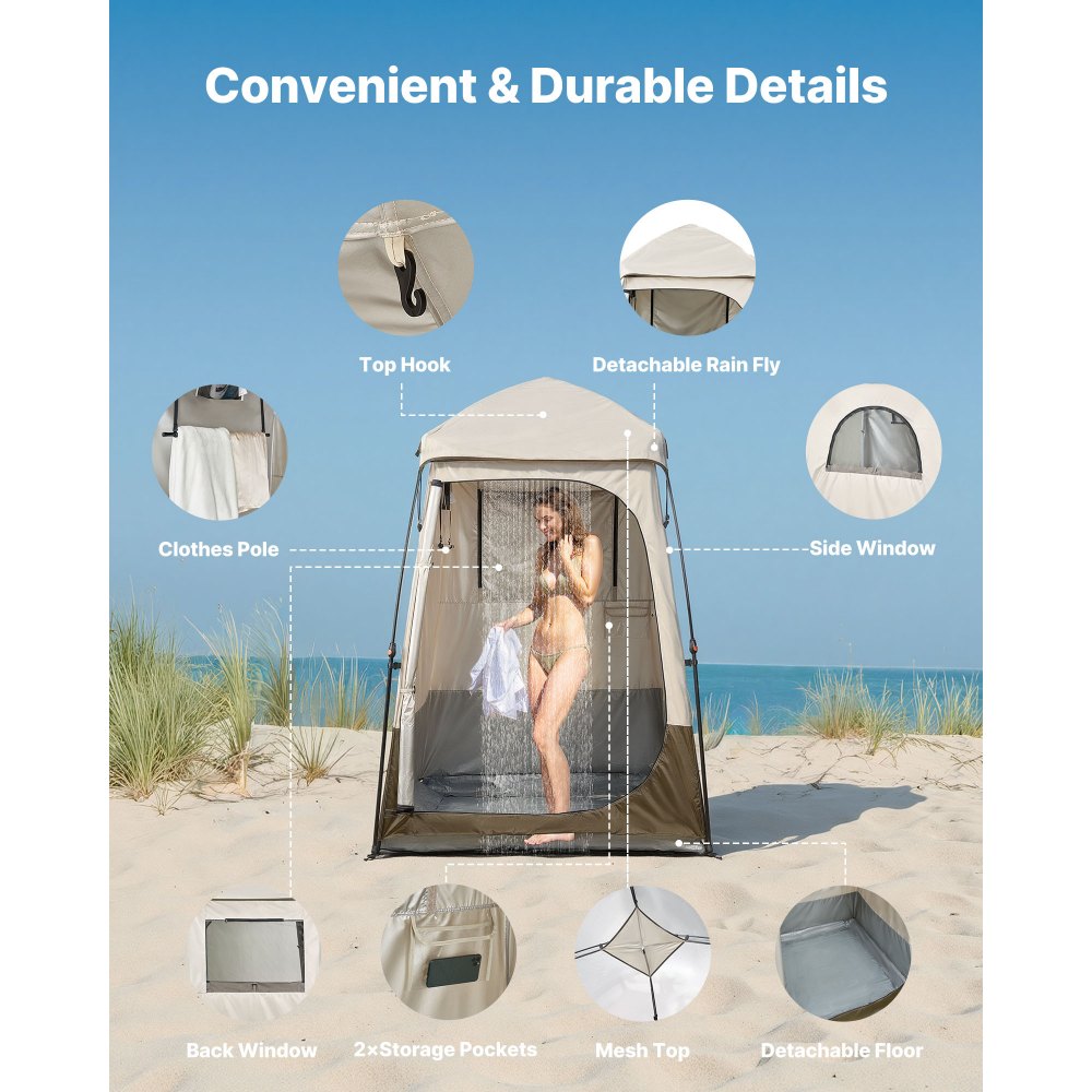 VEVOR Tenda Mobile da Spiaggia per Esterno Pieghevole da 1450 x 1450 x 2150 mm, Spogliatoio con Picchetti, Corde, Borsa per il Trasporto e Traversa, Tessuto Oxford 210D con Rivestimento Argentato