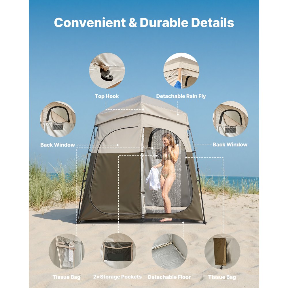 VEVOR Tenda ad Apertura Istantanea Campeggio Spiaggia Bagno Spogliatoio con Picchetti, Corde, Borsa per il Trasporto e Traversa, Tessuto Oxford 210D con Rivestimento Argentato, per Spiaggia e Pesca