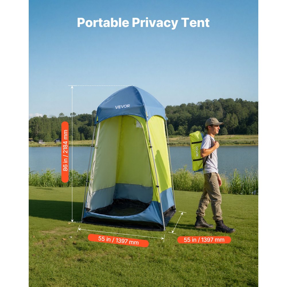 VEVOR Camping Shower Tent, 1 Room, Portable Privacy Tent Changing Room with Ground Stakes, Ropes, Carry Bag, and Steel Poles, 200D Oxford Fabric with Silver Coating, for Camping, Beach, Fishing