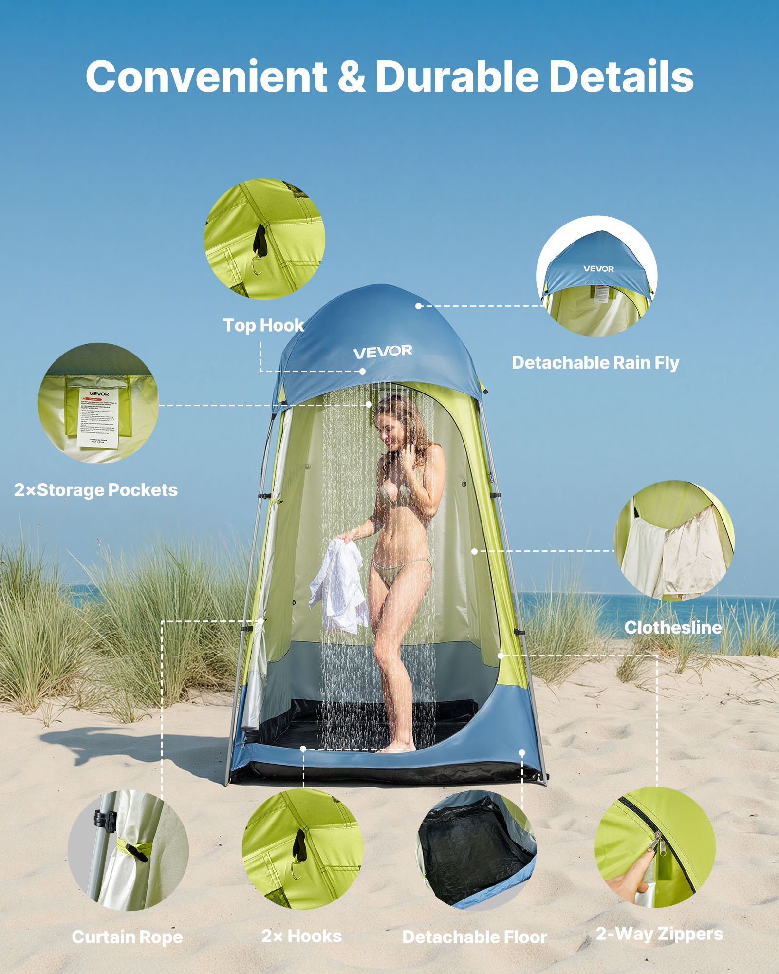 VEVOR Camping Shower Tent, 1 Room, Portable Privacy Tent Changing Room with Ground Stakes, Ropes, Carry Bag, and Steel Poles, 200D Oxford Fabric with Silver Coating, for Camping, Beach, Fishing