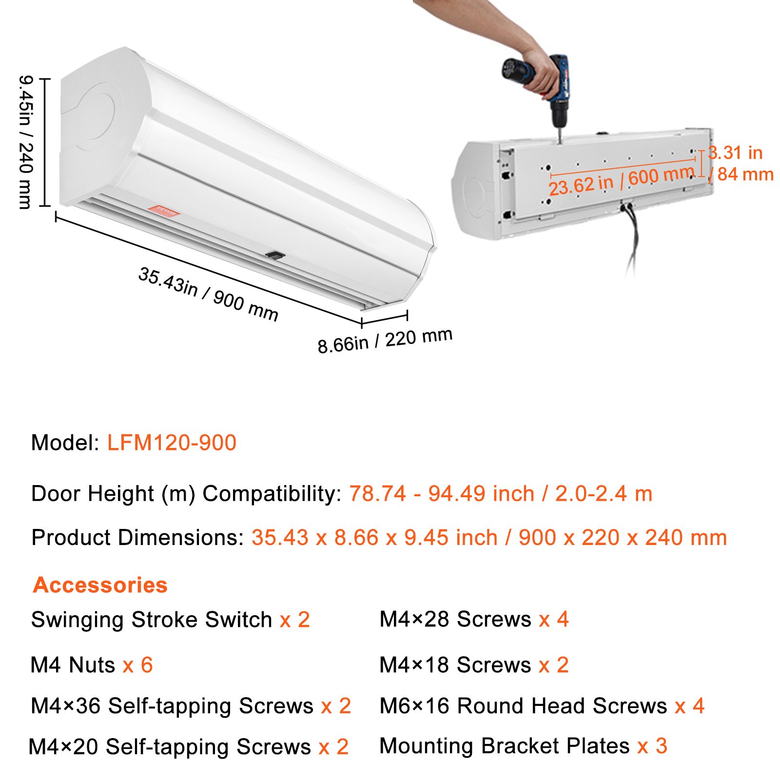 VEVOR Barriera d'aria da 0,9 m Super Power 2 velocità 1528 m³/h, Barriere d'aria montate a parete, Ventilatore porta da interni con finecorsa per carichi pesanti, Facile da installare Non riscaldata