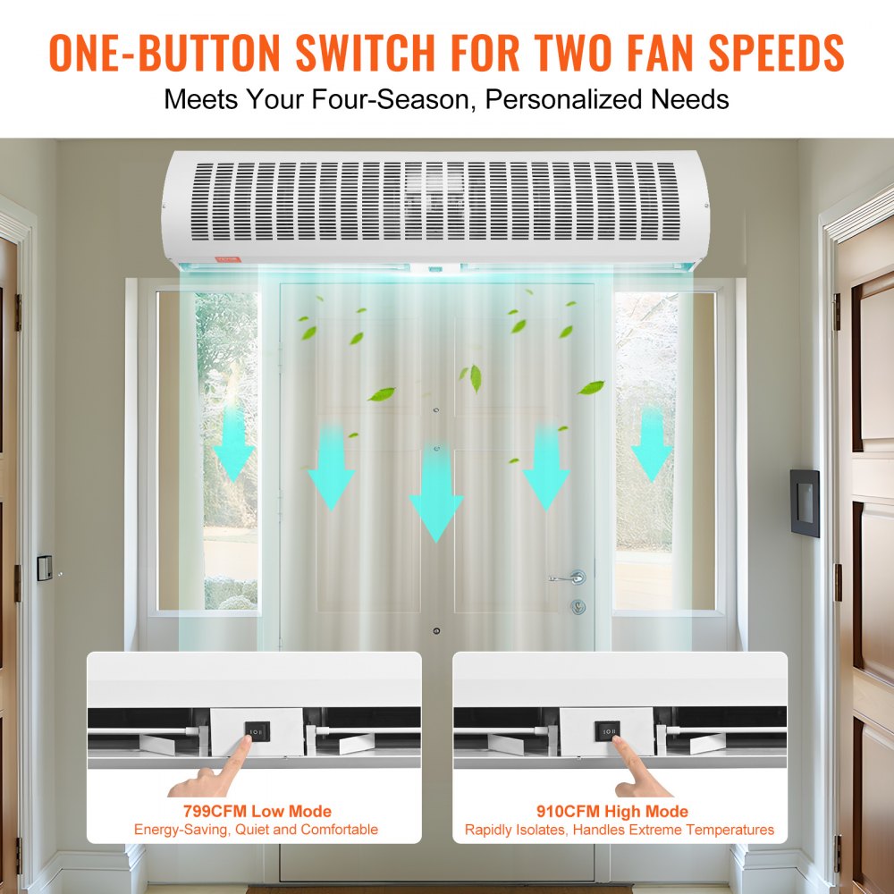 VEVOR Barriera d'aria da 1,2 m 2 velocità 2802 m³/h, Barriere d'aria per porte montate a parete, Ventilatore interni con finecorsa per carichi pesanti, Non riscaldata