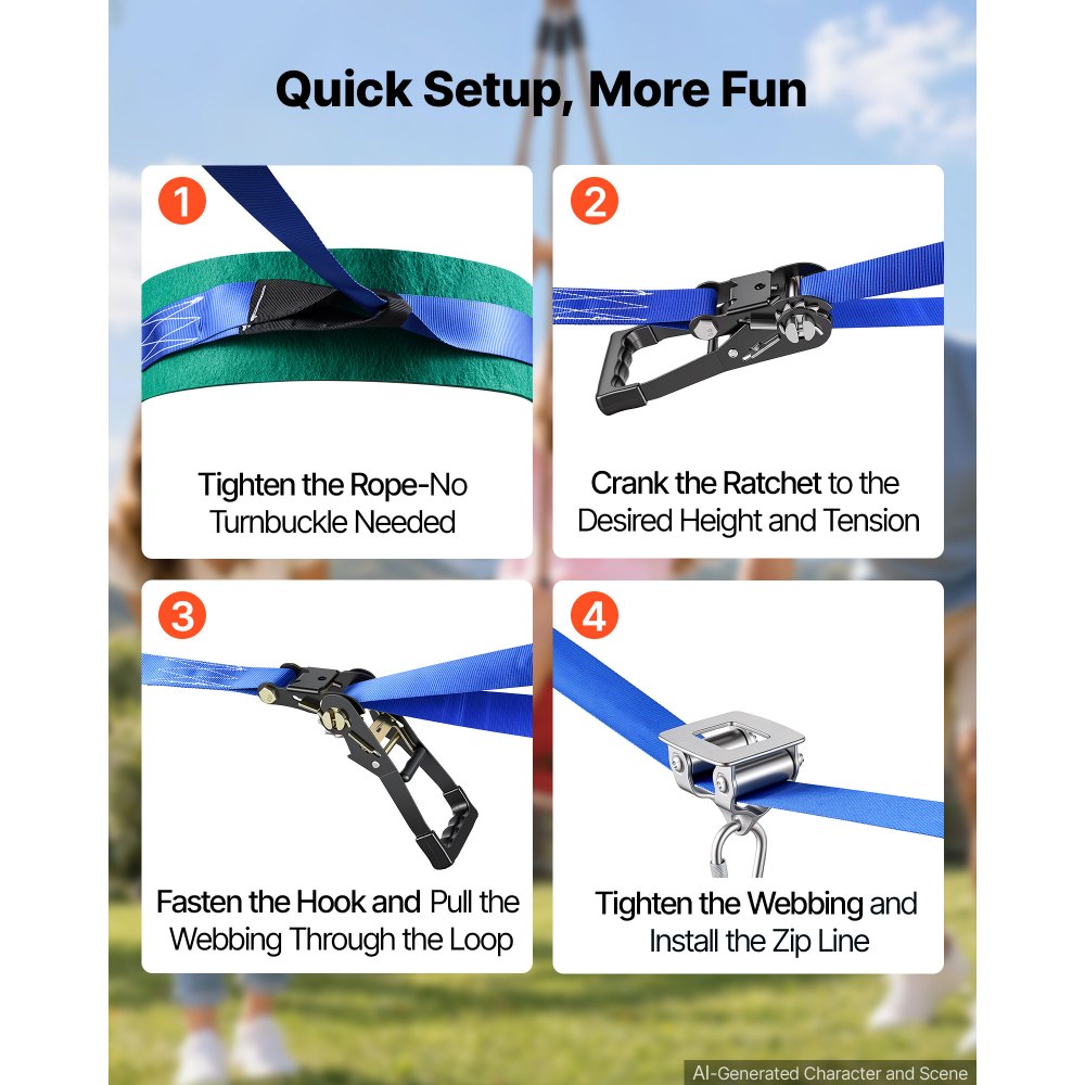 VEVOR Kit Zipline con Seduta Lunghezza Cavo 15,8 m da Giardino per Bambini Teleferica da Esterno, Tenditore a Cricchetto, Sedile a Dondolo, Cinghia in Poliestere, Gioco da Parco, Bambini Età 6 Anni
