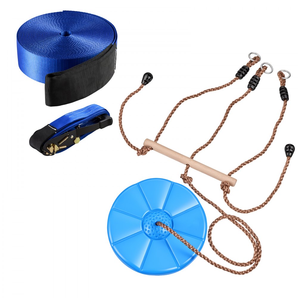 VEVOR Kit Zipline con Seduta Lunghezza Cavo 15,8 m da Giardino per Bambini Teleferica da Esterno, Tenditore a Cricchetto, Sedile a Dondolo, Cinghia in Poliestere, Gioco da Parco, Bambini Età 6 Anni