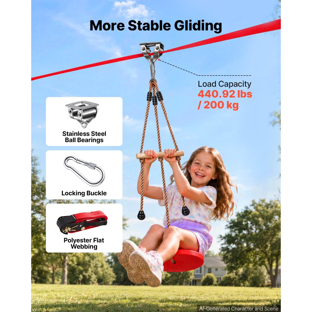 VEVOR Kit Zipline con Seduta Carico max 200 kg da Giardino per Bambini Teleferica da Esterno, Tenditore a Cricchetto, Sedile a Dondolo, Cinghia in Poliestere, Gioco da Parco, Bambini Età 6 Anni