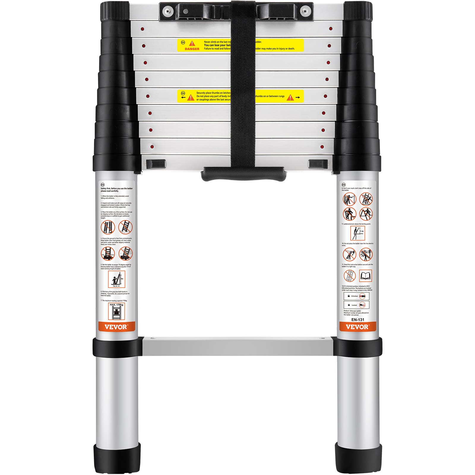 VEVOR Scala Telescopica in Alluminio Estensibile Altezza Max. 3,2m Portatile 8,2kg, Scala Telescopica Allungabile in Alluminio Portatile Salva Spazio Portata Massima 170 kg per Riparazione Domestico