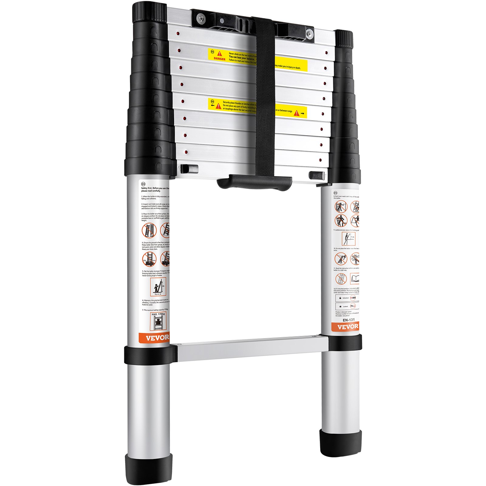 VEVOR Scala Telescopica in Alluminio Estensibile Altezza Max. 3,2m Portatile 8,2kg, Scala Telescopica Allungabile in Alluminio Portatile Salva Spazio Portata Massima 170 kg per Riparazione Domestico