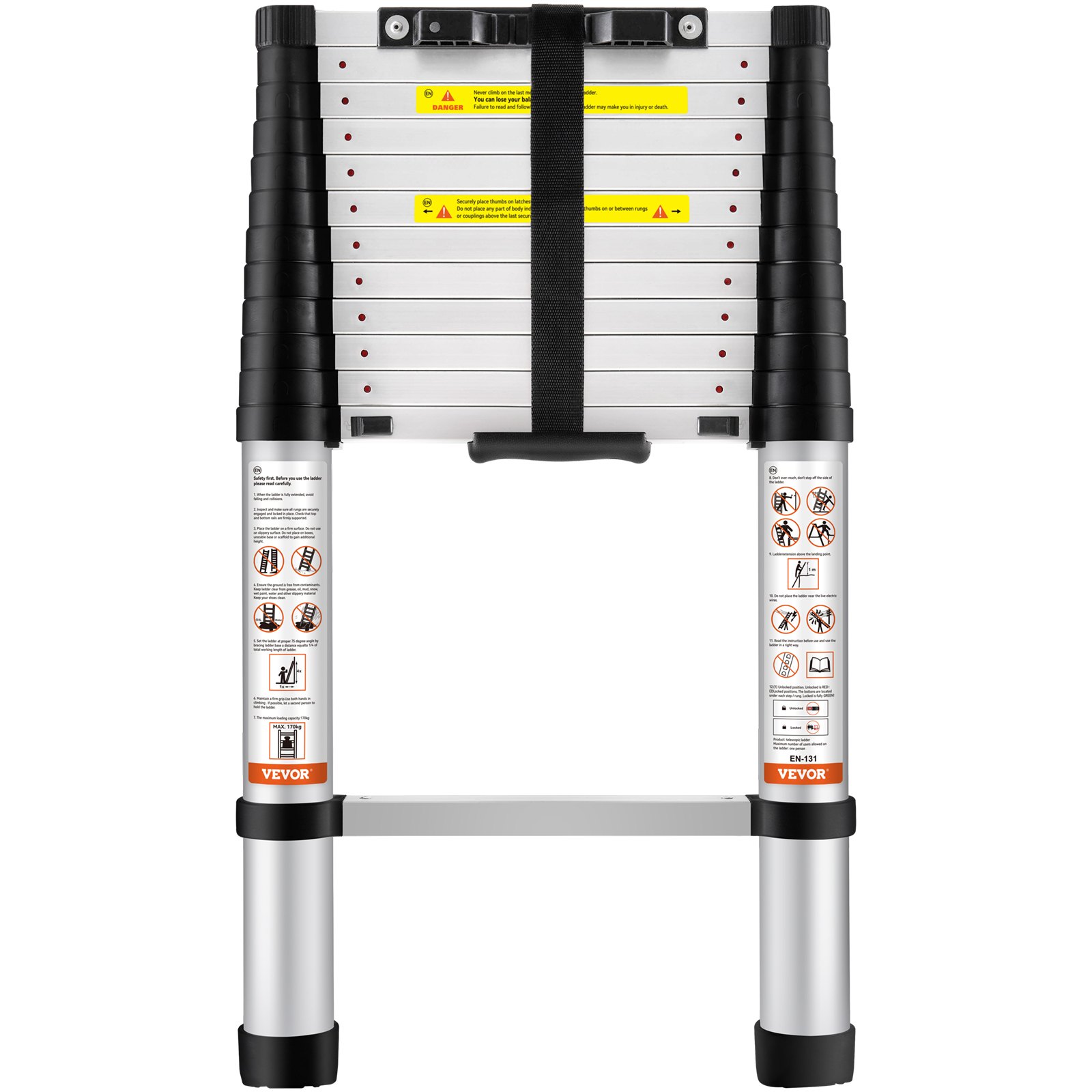 VEVOR Scala Telescopica in Alluminio Estensibile Altezza Max. 3,8m Portatile 10 kg, Scala Telescopica Allungabile in Alluminio Portatile Salva Spazio Portata Massima 170 kg per Riparazione Domestico