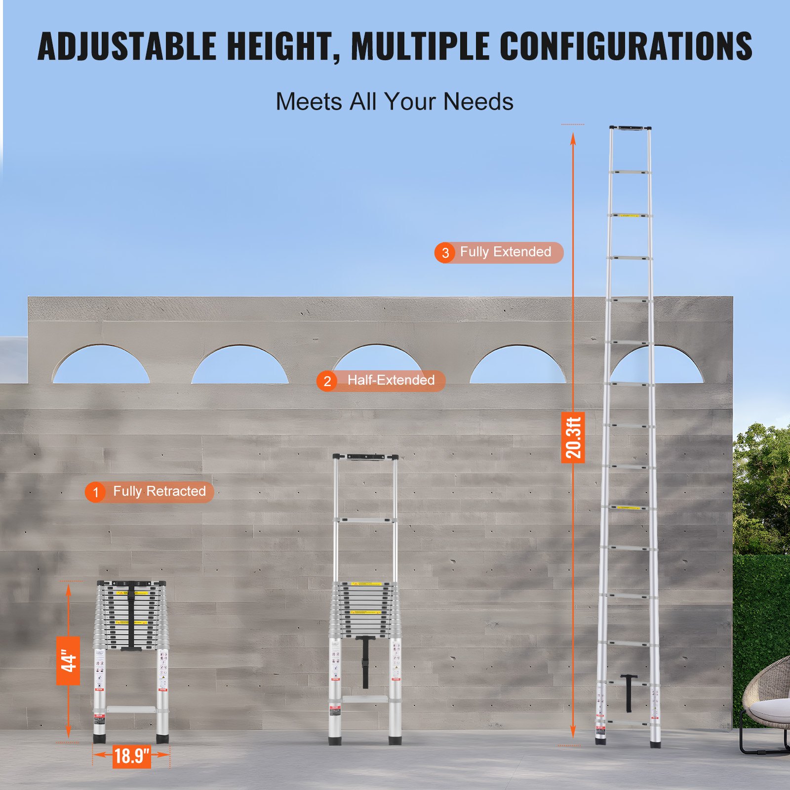 VEVOR Scala Telescopica, Scala Estensibile Leggera in Alluminio 6203 mm, Scala Pieghevole con Retrazione Multi-pulsante, Capacità 190 kg con Piedini Antiscivolo, Scale Compatte per Camper Soppalco