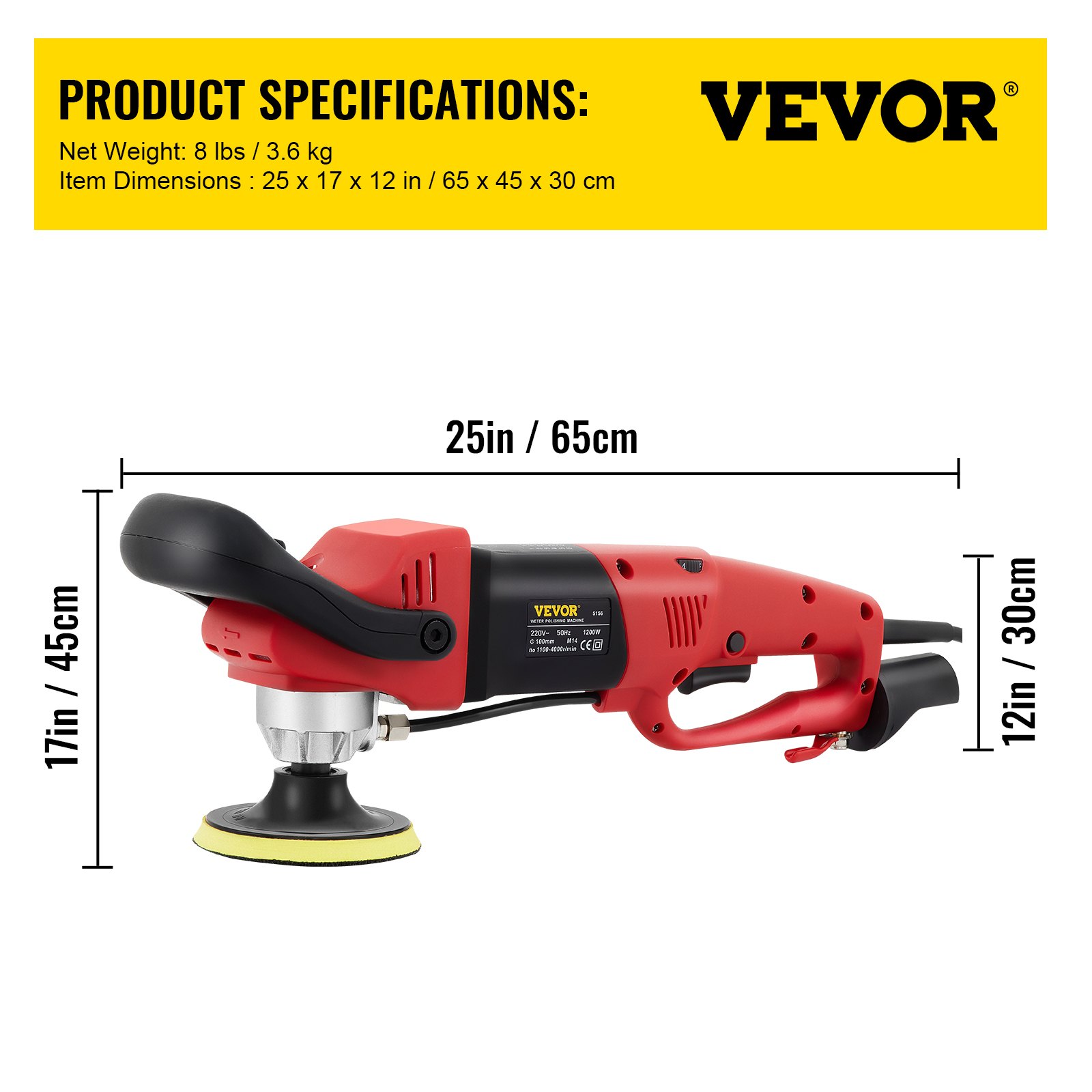 VEVOR Lucidatore a Pietra Bagnata Elettrico Professionale, Potenza 1200 W Velocità 1100 - 4200 giri/min Lucidatrice Angolare per La Lucidatura a Umido del Piano di Lavoro in Cemento, del Granito.