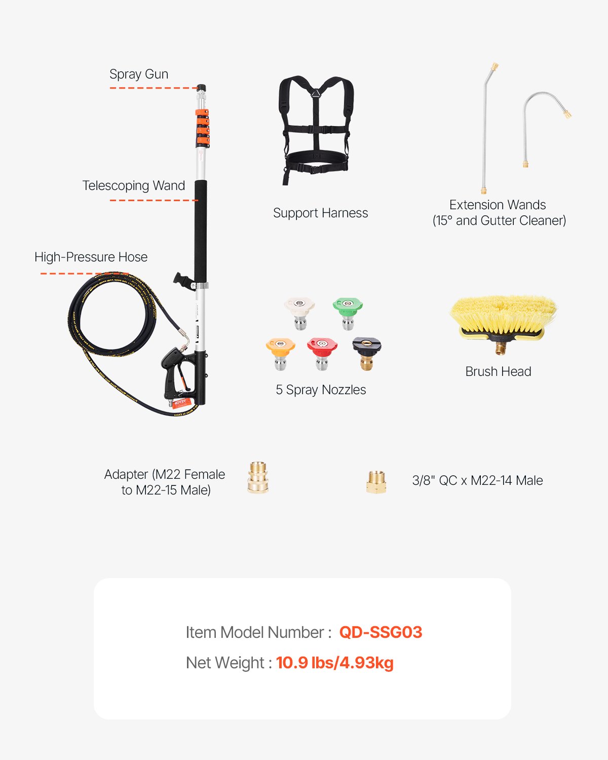 VEVOR Telescopic Lance, 5.5 m, 4000 PSI, with High Pressure Washer Extension Rods, Gutter Cleaner, Brush Head, 5 Spray Nozzle Tips, Adapter & Adjustable Support Strap