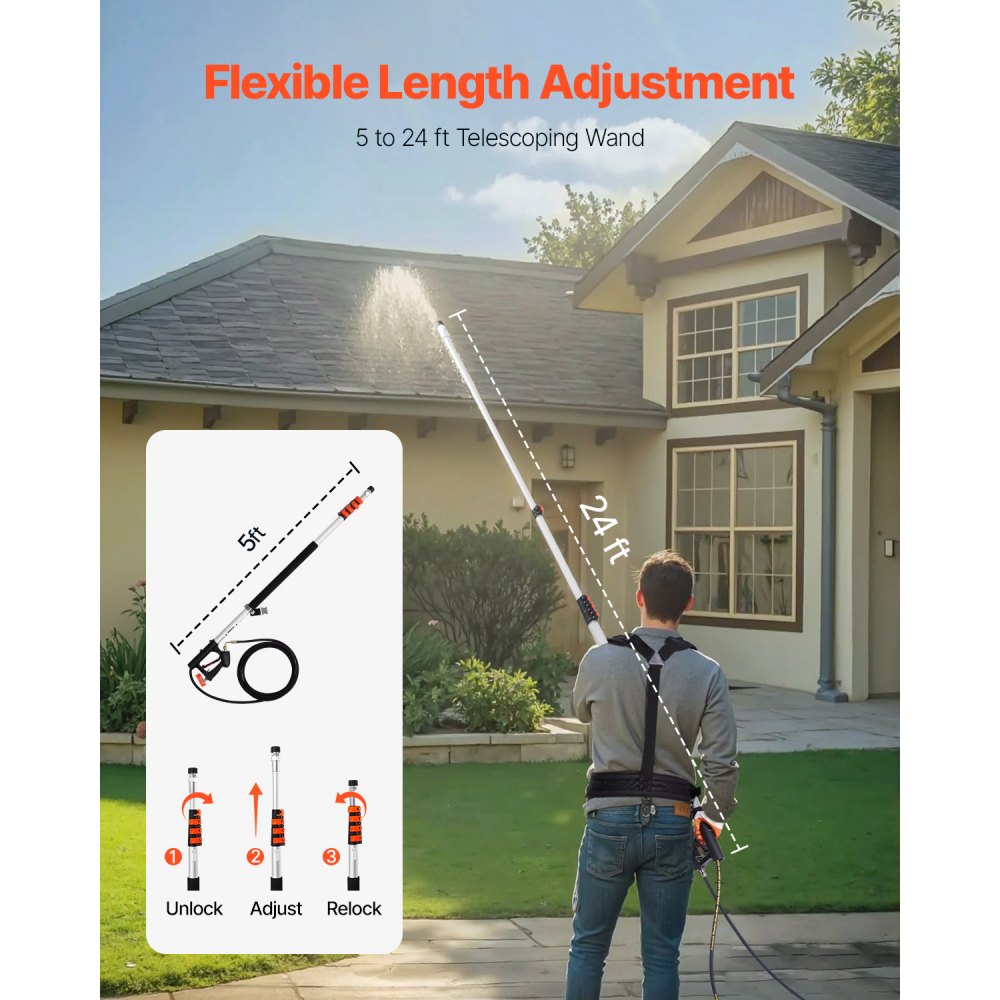 VEVOR 6358 mm telescopic high-pressure cleaner lance, telescopic spray tube, 4000 PSI telescopic spray wand with extension rods, brush head, swivel coupling, 7 nozzles, support strap, for gutters